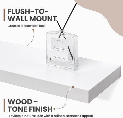 24 Inch Floating Shelves, 8 Inch Deep Floating Shelves for Wall, Hanging Shelf with Invisible Brackets, Deep Shelves for Bathroom, Bedroom, Living Room, White, Set of 2
