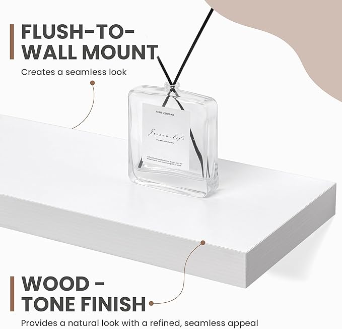 30 Inch Floating Shelves, 8 Inch Deep Floating Shelves for Wall, Hanging Shelf with Invisible Brackets, Deep Shelves for Bathroom, Bedroom, Living Room, White, Set of 2