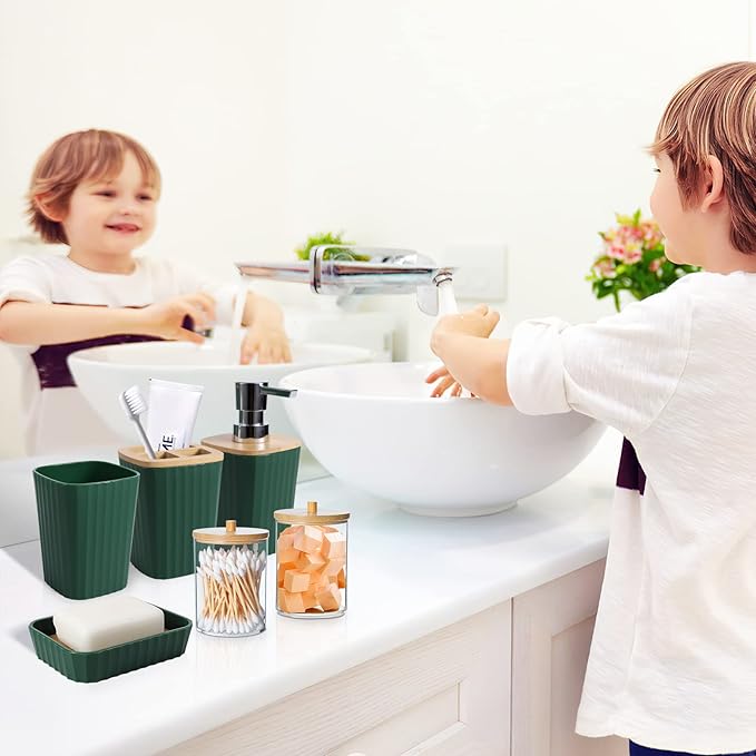 Dark Green Bathroom Accessories Set, 9-Piece Green Bathroom Set with Trash Can, Tray, Soap Dispenser, Toothbrush Holder, Toothbrush Cup, Soap Dish, Toilet Brush and Q-tip Holders