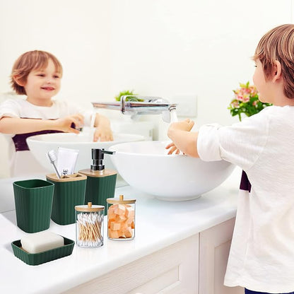 Dark Green Bathroom Accessories Set, 9-Piece Green Bathroom Set with Trash Can, Tray, Soap Dispenser, Toothbrush Holder, Toothbrush Cup, Soap Dish, Toilet Brush and Q-tip Holders