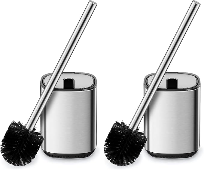 Toilet Brush and Holder Set Toilet Bowl Brush Stainless Steel Automatic Toilet Bowl Cleaner Brush with Durable Bristle Head Toilet Cleaning Brush for Bathroom 2 Pack Set SS