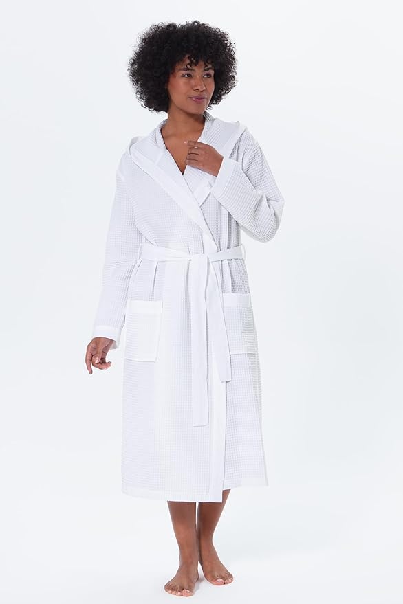 Women’s Luxury Waffle Shawl Collar, Hooded Robe w Piping – Lightweight, Long, Ultra Soft Spa Sleepwear Bathrobe