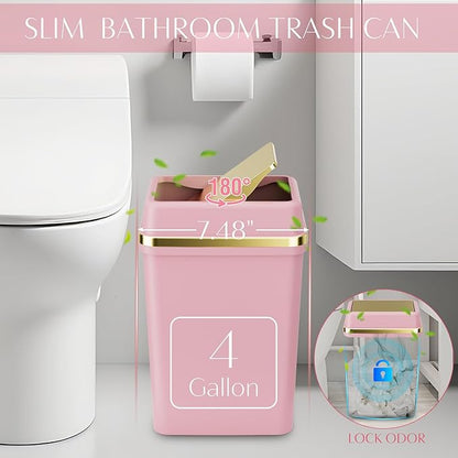 9PCS Bathroom Accessory Set, Pink Bathroom Set with Large-Capacity 4 Gallon Trash Can, Bathroom Accessories Set Complete, Toothbrush Holder, Soap Dispenser, Toilet Brush, Bathroom Decor