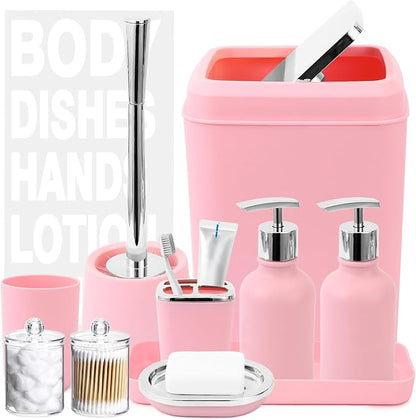 Pink Bathroom Accessories Set - 10 Piece Bathroom Set with Trash Can and Toilet Brush, Soap Dispenser, Toothbrush Holder and Cup, Soap Dish, and Qtip Holder, for Housewarming Gift