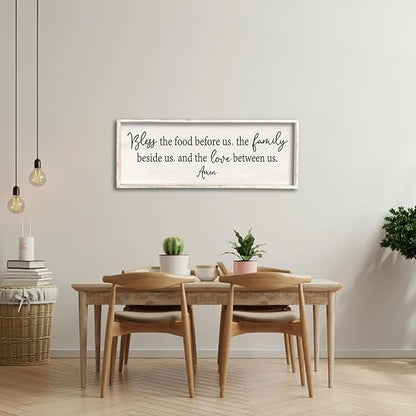 Bless the Food Before Us Sign Wall Decor 40"X15" Large Farmhouse Dining Room Wall Decor Framed Wood Rustic Home Wall Art Kitchen Decoration (White)