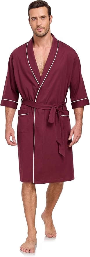 COLORFULLEAF Men's Bathrobes 100% Cotton Soft Comfort Breathable Short Sleeve Summer Kimono Mens Lightweight Robe