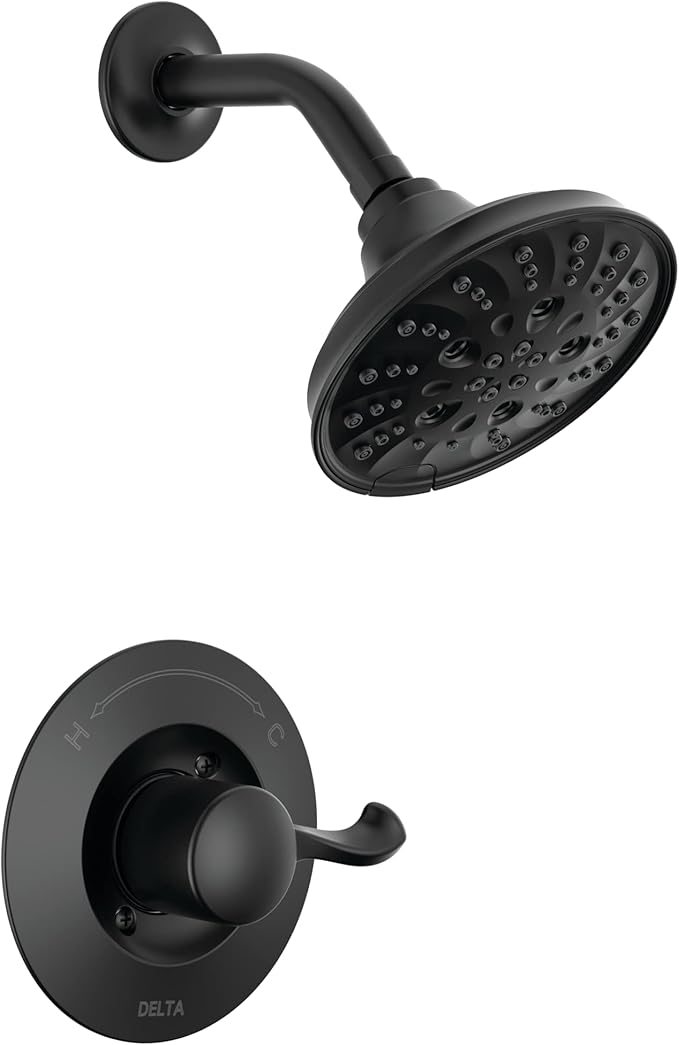 Delta Faucet Esato 14 Series Single-Handle Black Shower Faucet, Shower Trim Kit with 5-Spray H2Okinetic Black Shower Head, Matte Black 142897-BL (Valve Included)