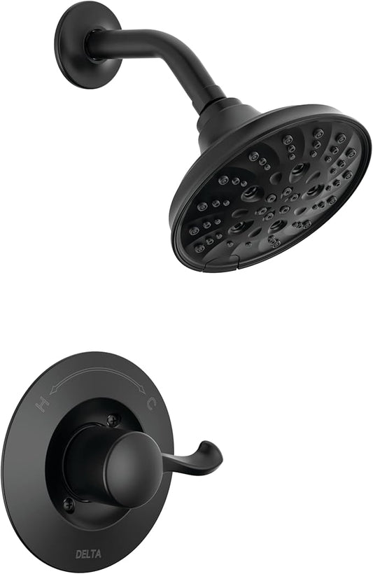 Delta Faucet Esato 14 Series Single-Handle Black Shower Faucet, Shower Trim Kit with 5-Spray H2Okinetic Black Shower Head, Matte Black 142897-BL (Valve Included)