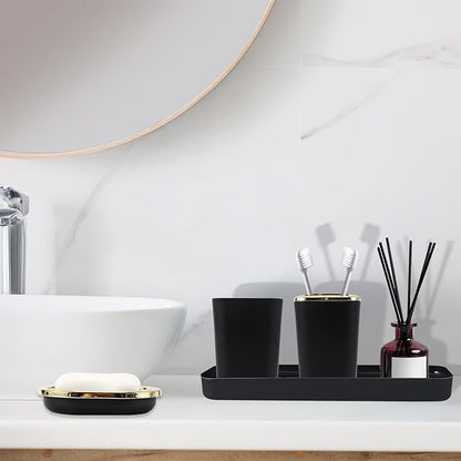Black Bathroom Accessories Set, Black and Gold Bathroom Accessories with Trash Can, Tray, Soap Dispenser, Soap Dish, Toothbrush Holder, Toothbrush Cup,Toilet Brush and Qtip Holders
