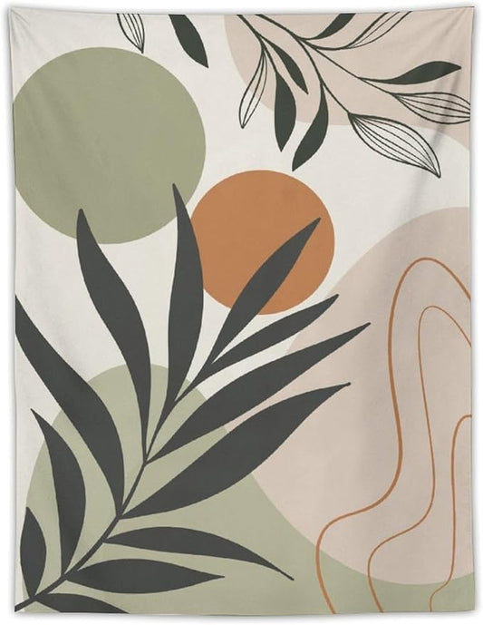 Abstract Bohemian Mid Century Tapestry, Tropical Leaves Modern Geometric Archway Minimalist Bohemian Botanical Aesthetic Wall Hanging, Sage Green Gold Home Decor Art for Bedroom 50x60 Inch