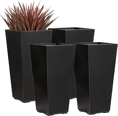 26 Inch Planter Tall Tapered Planter for Front Porch, Patio, Deck, Garden Indoor/Outdoor Tree Planters, Set of 4, Black with Copper Hand Brushed Rim