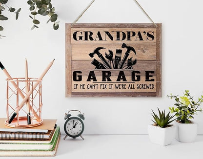BQL Rustic Wood Sign, Father's Day Gift, Grandpa's Gift, Decor Hanging Wood Sign, 8X10inch, Printed Wood Wall Art Sign, Grandpa's Garage, If He Can't Fix It We're All Screwed