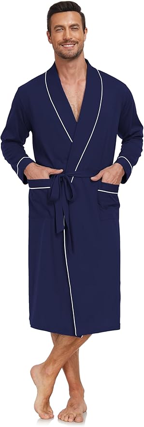 COLORFULLEAF Mens 100% Cotton Robes Lightweight Summer Long Bathrobe Sleepwear Soft Knit Spa Robe with Pockets