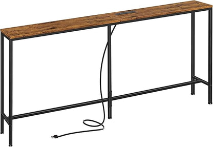 SUPERJARE 70 Inch Console Table with Outlet, Sofa Table with Charging Station, Narrow Entryway Table, Skinny Hallway Table, for Living Room, Rustic Brown