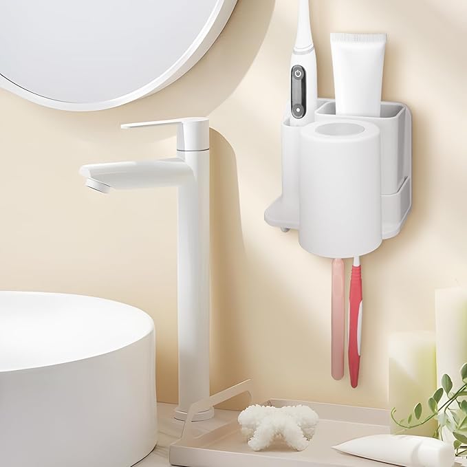 Toothbrush Holders with Mouthwash Cup Wall Mounted for Bathrooms, 2 Slots Bathroom Organizer for Toothpaste, Electric Toothbrush, Razor, Floss, Self Adhesive Toothbrush Hanger Storage for Shower
