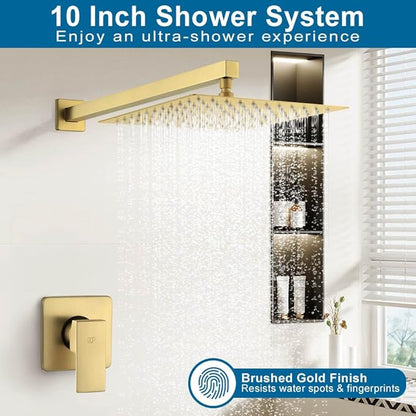POP SANITARYWARE Shower Faucet Set Brushed Gold Bathroom Rainfall 10 Inch Shower Head System Single Handle Shower Trim Kit with Valve