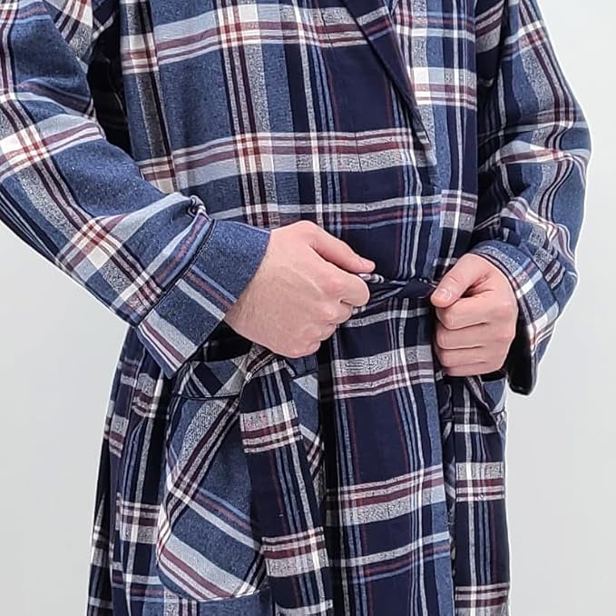 Andrew Scott Mens' Robe with Hoodie| Cotton Flannel Brush Plaid | All Season | Full Length House Robe