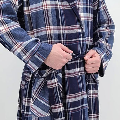 Andrew Scott Mens' Robe with Hoodie| Cotton Flannel Brush Plaid | All Season | Full Length House Robe