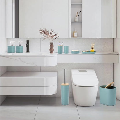 Blue Bathroom Set, Light Blue Bathroom Accessories Set with Trash Can, 2PCS Soap Dispensers, Soap Dish, Toothbrush Holder, Toothbrush Cup,Toilet Brush, Tray and Qtip Holders for Bathroom Decor