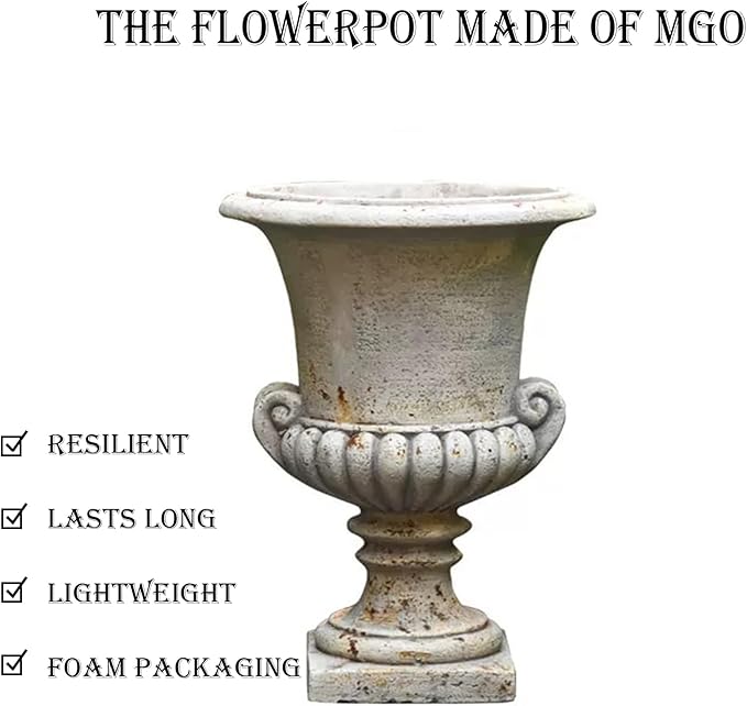 Vintage European Garden Urn Planter, Decorative Cement and Fiber Flower Pot, Make Antiqued Finished, H=19.7in, Wrap Foam Safely Delivered from Local Warehouse (Antiqued, Medium)