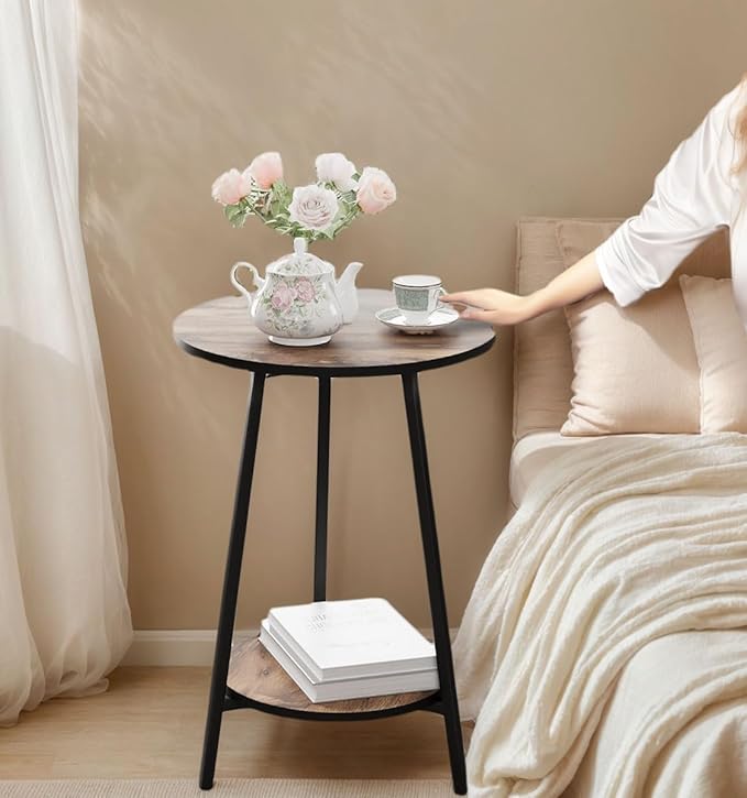 Side Table - Round Accent End Tables - Vintage Wood Color Tables for Sofa Living Room Bedroom Bedside Coffee Small Spaces - Waterproof Metal Frame, Scratch-Resistant - Easy Assembly