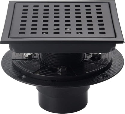 6 Inch Shower Drain Black Matte with Adjustable Shower Drain Base Flange SUS304 Stainless Steel Floor Drain Cover Removable Mesh Grille