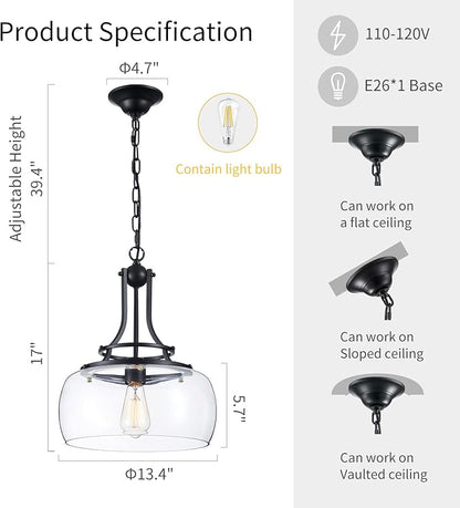 WUZUPS Chandelier Rustic Farmhouse Industrial Round Ceiling Pendant LED Light Fixture with Clear Glass Shades for Dining Room Kitchen Island Foyer Entryway, H 17" x W 13.4", E26 Base, Black