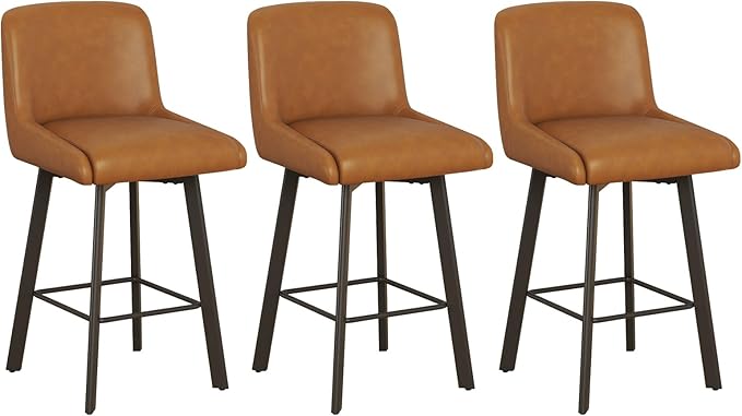 Swivel Counter Height Bar Stools Set of 3, 26''H Upholstered Barstools with Backs, Modern Bar Stool Chairs for Kitchen Island, Metal Legs, Faux Leather, Whiskey Brown Stools Counter Chair