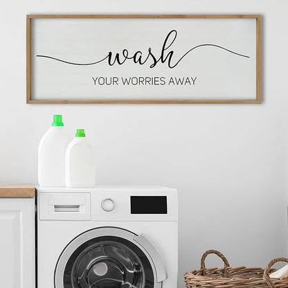 SRSZHIYUE Wash Your Worries Away Bathroom Sign Wall Art 40"x15" Funny Restroom Toilet Large Wood Framed Hanging Decor (Wood)
