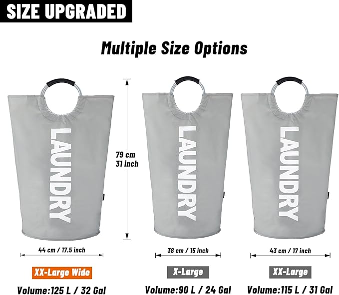 Caroeas 125L Laundry Basket,Large Laundry Hamper, Laundry Bag with Padded Handles, Clothes Hamper Stands Up Well, Collapsible Free Standing Easy Storage Washing Bin (Light Grey,125L)