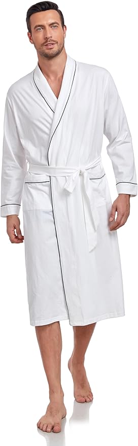 COLORFULLEAF Mens 100% Cotton Robes Lightweight Summer Long Bathrobe Sleepwear Soft Knit Spa Robe with Pockets