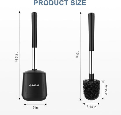 SetSail Toilet Brush and Holder 4 Pack, Self Closing Lid Toilet Bowl Brushes Holder Extra Long Handle Ventilated Toilet Brush Set for Bathroom Cleaning, Nylon Bristles, Black