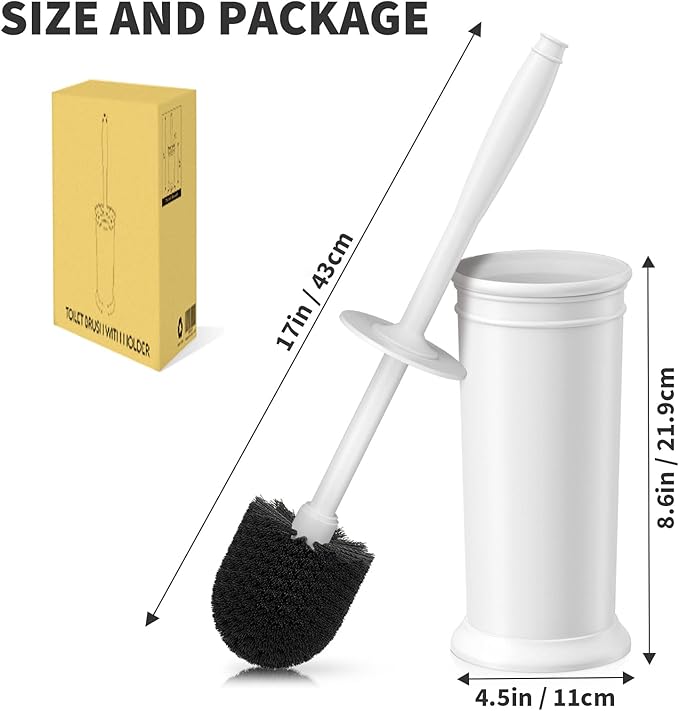UPTRONIC Toilet Brush, Toilet Bowl Brush with Extra Long Handle Durable Bristles Toilet Scrubber and Covered Holder for Toilet Brush Set for Bathroom Cleaning (White, 1 Set)