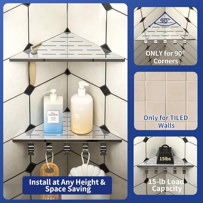 10‘’ Corner Shower Shelf, 304 Stainless Steel Shelves for Bathroom, Grout in Shelf with Hooks for Tiled Wall (Polished)
