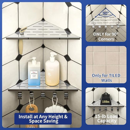 10‘’ Corner Shower Shelf, 304 Stainless Steel Shelves for Bathroom, Grout in Shelf with Hooks for Tiled Wall (Polished)