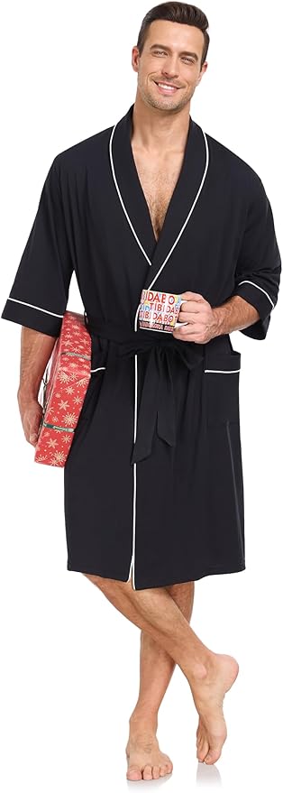 COLORFULLEAF Men's Bathrobes 100% Cotton Soft Comfort Breathable Short Sleeve Summer Kimono Mens Lightweight Robe