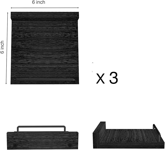 Small Floating Shelf, 6 X 6 Inches Farmhouse Wall Shelves for Living Room, Bedroom, Picture Frames, Plants, Kitchen, Set of 3 (Black)