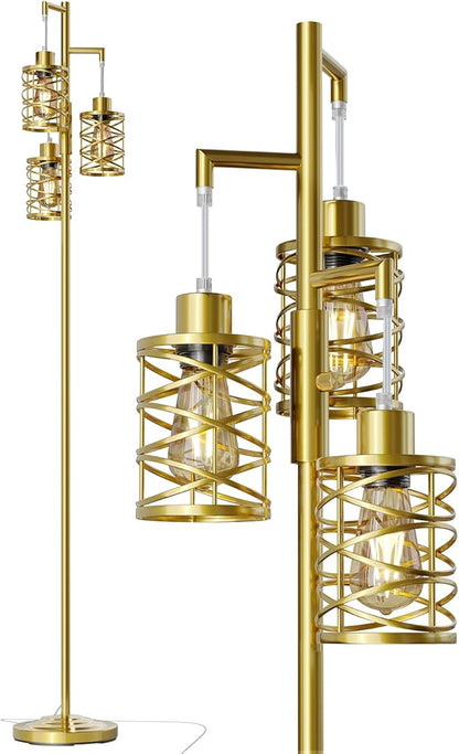 Oneach 70" Industrial Floor Lamp, Stepless Dimmable Standing Lamp with 3 Bulbs, Farmhouse Corner Standing Tree Lamp for Living Room, Tall Lamps for Bedroom, Office, Study Room, Dining Room, Gold