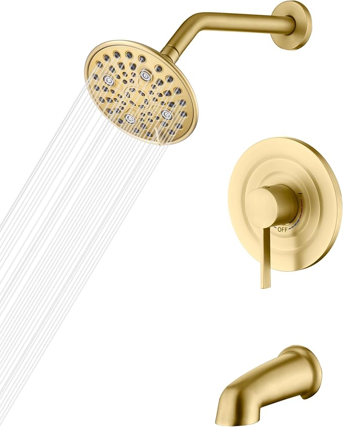 sumerain Modern Shower Faucet Set with 6-Spray Shower Head, Tub Spout and Shower Trim Kit with Valve, Brushed Gold Finish