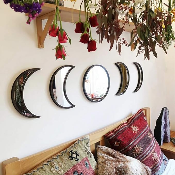 5 pcs Scandinavian Natural Decor Acrylic Moonphase Mirrors Interior Design Wooden Moon Phase Mirror Bohemian Wall Decoration for Home Living Room Bedroom Decor - No Need to Punch (Black)