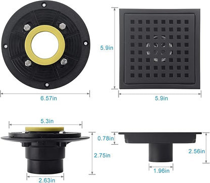 6 Inch Shower Drain Black Matte with Adjustable Shower Drain Base Flange SUS304 Stainless Steel Floor Drain Cover Removable Mesh Grille