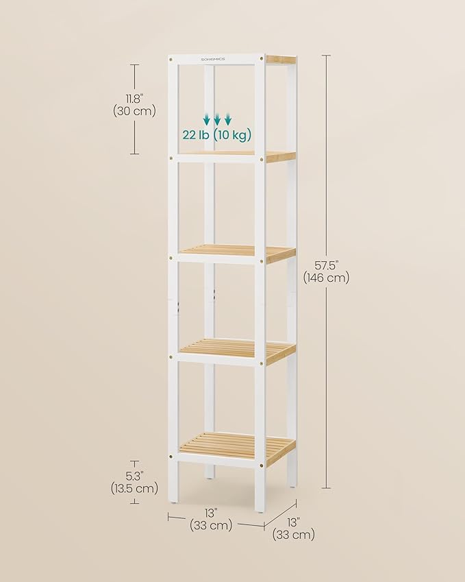SONGMICS Bamboo Storage Shelf, 5-Tier Shelving Unit, Multifunctional, in The Entryway, Bathroom, Living Room, Balcony, Kitchen, 13 x 13 x 57.5 Inches, Cloud White and Light Bamboo UBCB055N01