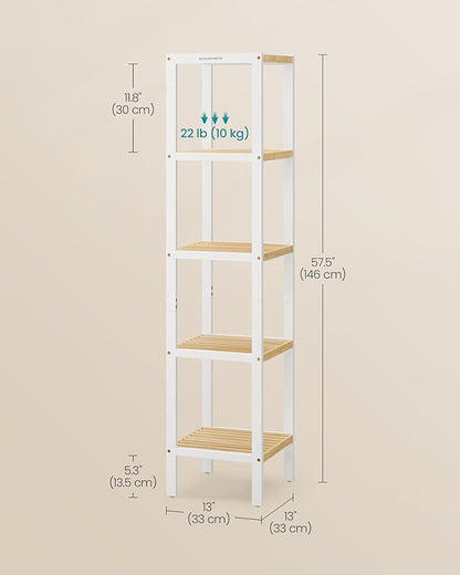 SONGMICS Bamboo Storage Shelf, 5-Tier Shelving Unit, Multifunctional, in The Entryway, Bathroom, Living Room, Balcony, Kitchen, 13 x 13 x 57.5 Inches, Cloud White and Light Bamboo UBCB055N01