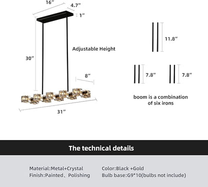 Dining Room Light Fixture,Modern Crystal Chandeleirs Semi Flush Mount Ceiling Light Fixture,Black Metal Crystal Pendant Light for Kitchen Island Farmhouse Dining Room,Living Room (10-Lights)