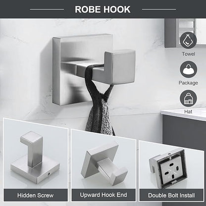 TQKAG 6-Piece Bathroom Towel Bar Sets Brushed Nickel 23.6 inch Towel Bar Stainless Steel Towel Ring Coat Hook and Toilet Paper Holder Bathroom Hardware Set Wall Mounted Bathroom Accessories Kit