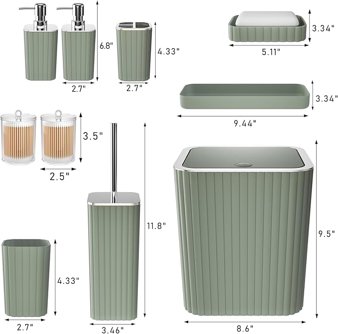 Bathroom Accessories Set - Gorgeous Sage Green Bathroom Set, 10PC Bathroom Accessory Set, Toilet Brush, Trash Can, Qtip Holder Dispenser & Soap Dispenser