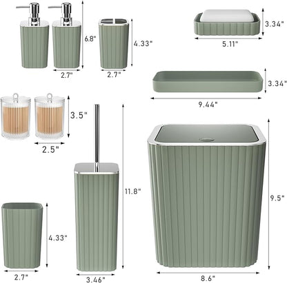 Bathroom Accessories Set - Gorgeous Sage Green Bathroom Set, 10PC Bathroom Accessory Set, Toilet Brush, Trash Can, Qtip Holder Dispenser & Soap Dispenser