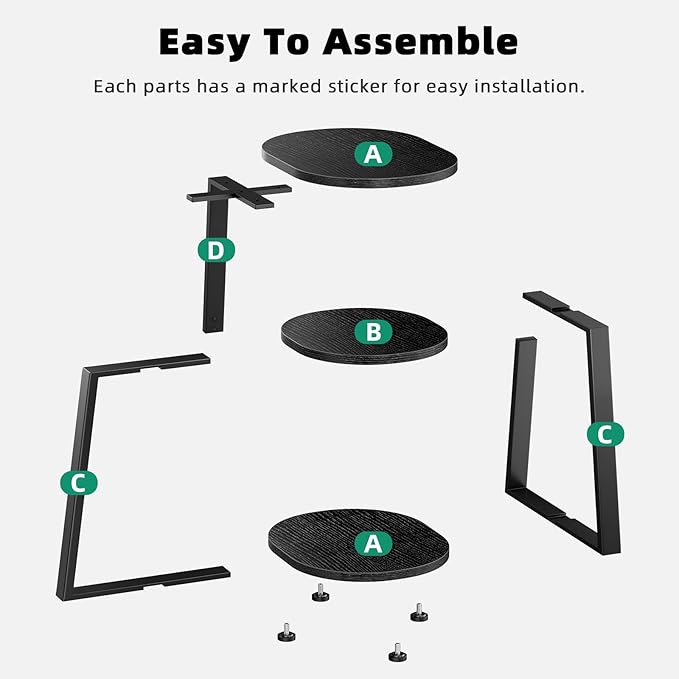 Side Table, Small End Table with Metal Frame, 3-Tier Bedside Tables, Round Side Tables for Living Room Bedroom Couch Bathroom, Oval, Pure Black