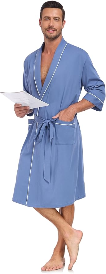 COLORFULLEAF Men's Bathrobes 100% Cotton Soft Comfort Breathable Short Sleeve Summer Kimono Mens Lightweight Robe