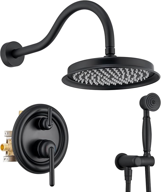 Rainfall Shower Head System with Pressure Balance Valve 9 Inch Bathroom Luxury Rain Mixer Shower Combo Set Wall Mounted Antique Shower Faucet Sets with Vintage Handheld Spray Matte Black
